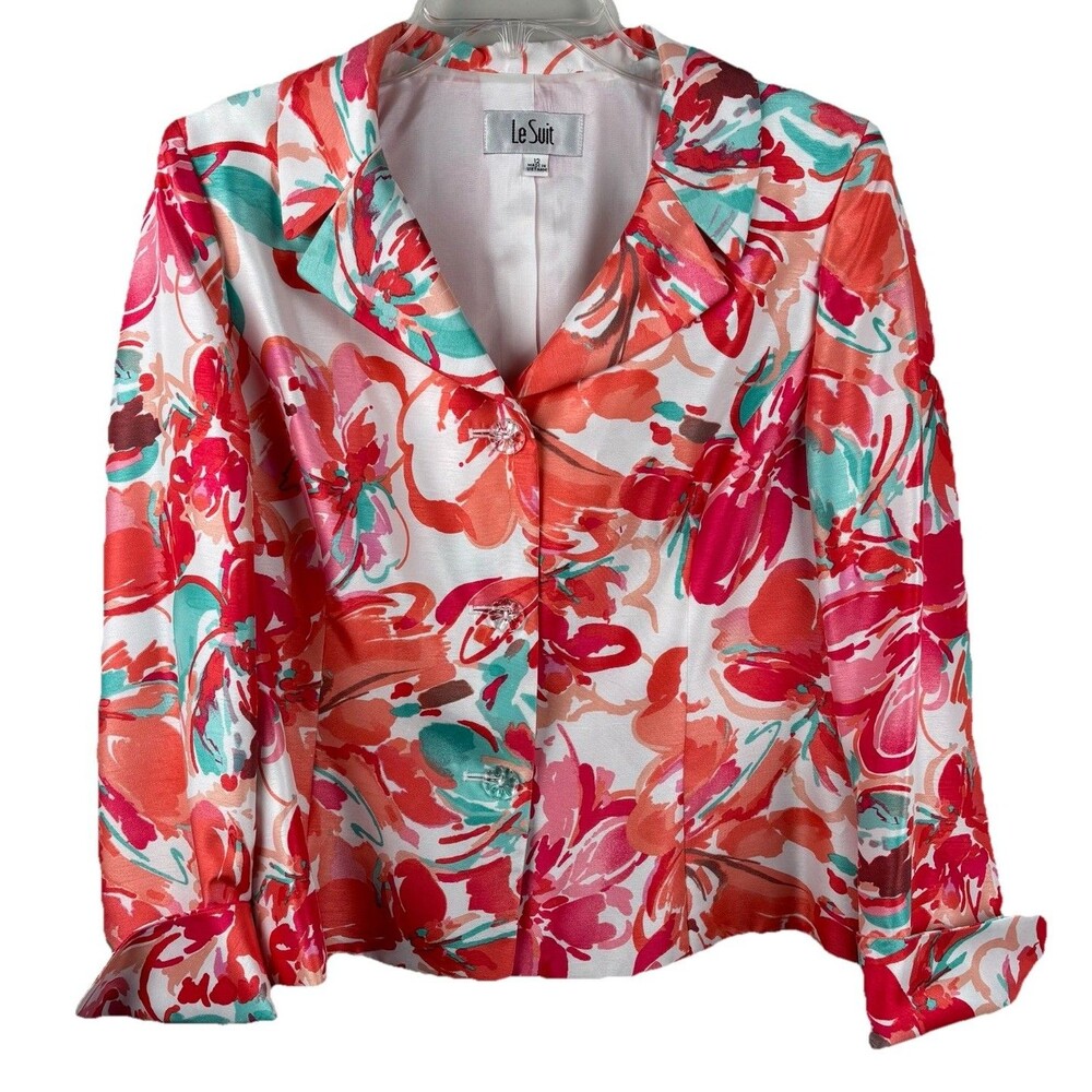 Le Suit Blazer Jacket Womens 12 Multicolor Floral Pink Print Button Preppy - Picture 2 of 8